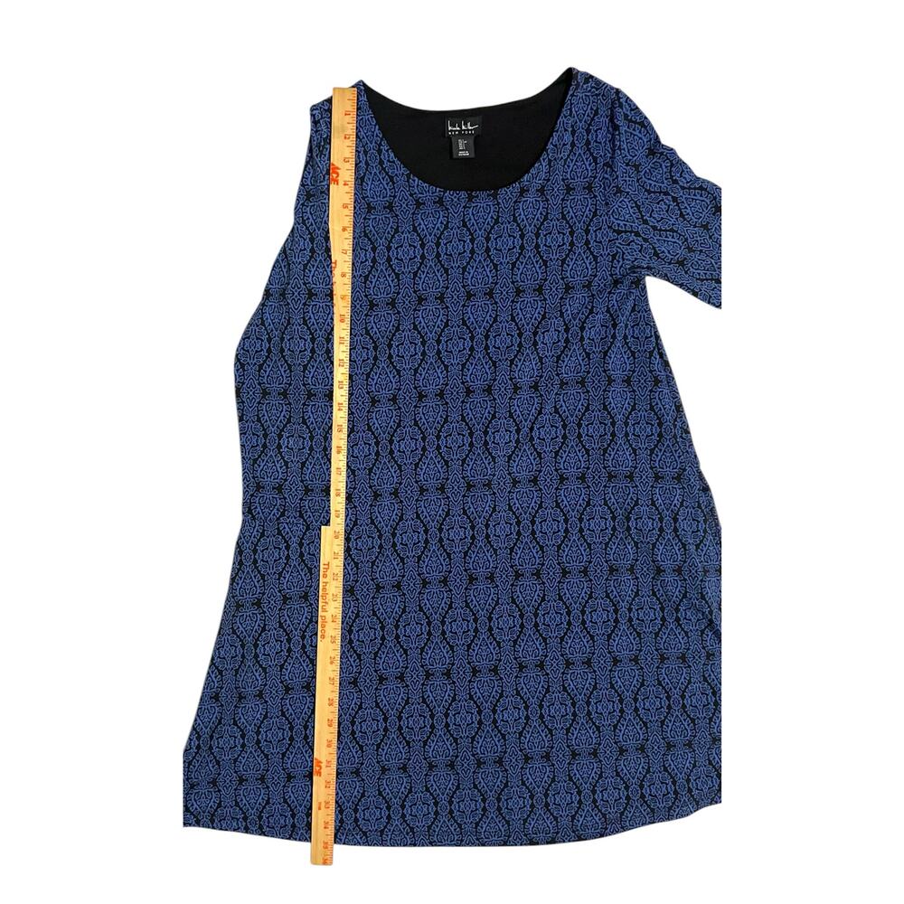 Nicole Miller New York Black Blue Print 3/4 Sleeve Shift Swing Dress Size Small - Picture 6 of 9
